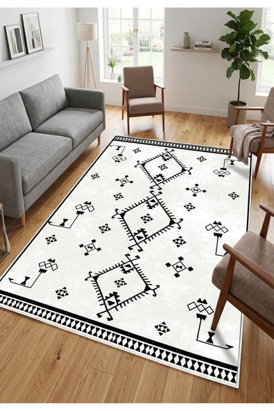Aztek Geometrik Desen Siyah Beyaz Kaymaz Taban Yıkanabilir Salon Halısı Yolluk Hol ve Mutfak Halısı ürün görseli 1