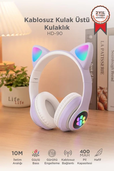 Bluetooth Kulaklık Kulak Üstü Kedi Tasarımlı Kablosuz Kulaklık HD90 Mor ürün görseli 1