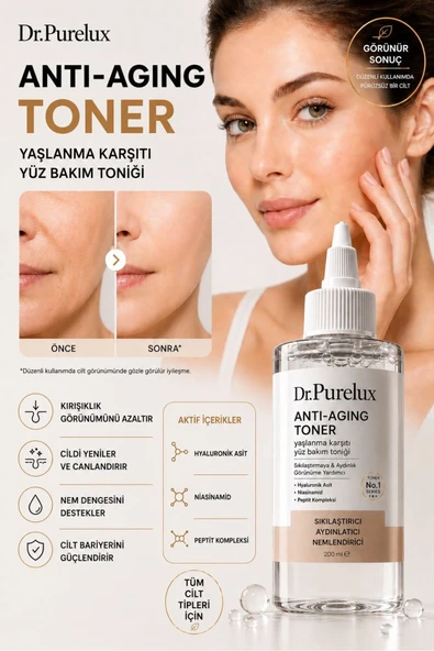 Dr.Purelux Anti Aging Yaşlanma Karşıtı Toner 200 ML | Hyaluronik Asit, Niasinamid ve Peptit Kompleksli Sıkılaştırıcı Yüz Tonik ürün görseli 1