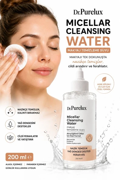 Dr.Purelux Yağlı ve Akne Eğilimli Ciltler İçin Makyaj Temizleme Suyu 200 ML | Niasinamid & Zinc PCA İçeren Micellar Water ürün görseli 1