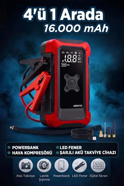 4'ü 1 Arada Dijital Göstergeli | Powerbank | Led Fener | Hava Kompresörü| Şarjlı Akü Takviye Cihazı ürün görseli 1
