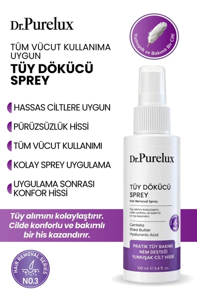 Dr.Purelux Hassas Ciltlere Uygun Tüy Dökücü Sprey – Pürüzsüz ve Yumuşak Cilt Hissi – Tüm Vücut Kullanıma Uygun ürün görseli 1