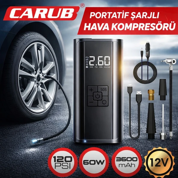 Carub Şarjlı Hava Kompresörü 3600mAH Powerbank 12V 60W 120PSI Usb/type C + 2 Yıl Garantili ürün görseli 1