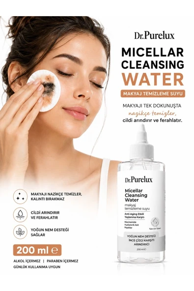 Dr.Purelux Anti Aging Micellar Cleansing Water 200 ml | Niasinamid, Hyaluronik Asit ve Peptit İçeren Makyaj Temizleme Suyu ürün görseli 1