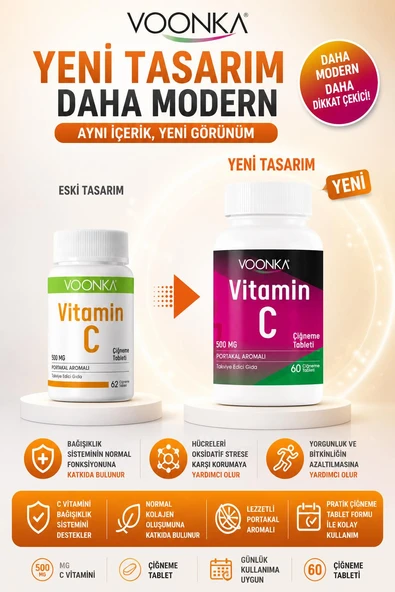 Voonka Vitamin C Çiğneme Tableti Vitamin C İçeren Portakal Aromalı 60 Tablet ürün görseli 1