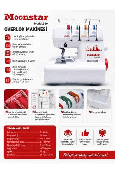 dm dikişmarket Moonstar Overlok Model 320 Dikiş Makinesi 3-4 Iplik Beyaz ürün görseli 1