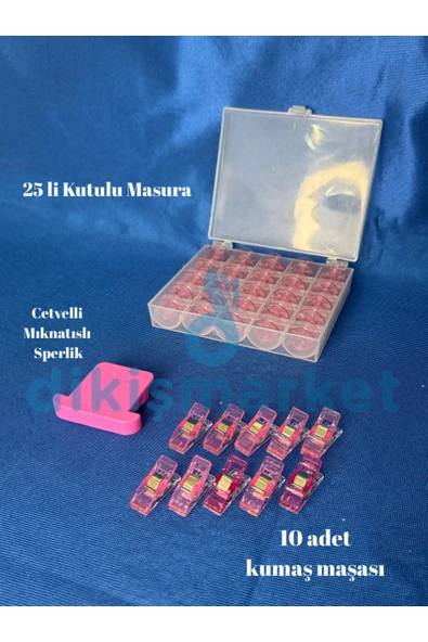 dm dikişmarket PRATİK DİKİŞ SETLERİ (mezura kutulu, mini maşa , cetvellı mıknatıs) Pembe  3 ürün görseli 1