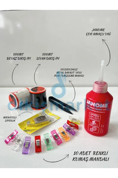 Janome DİKİŞ MAKİNA YAĞI,DİKİŞ MAKARA İPİ,MIKNATIS,KUMAŞ MANDALI,METAL ÇIT MAKAS Kırmızı ürün görseli 1