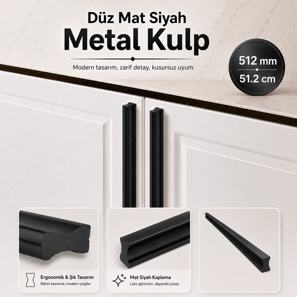 Özen 512 mm 51.2 cm Düz Mat Siyah Mobilya Kulp Uzun Çekmece Dolap Kapak Kulpu Modern Metal Tasarım ürün görseli 1