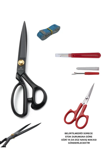 dm dikişmarket Hard Steel Marka Kumaş Kot Kesim Profesyonel Terzi Makası 27,5cm Ve Nakış Makası Ilik Sökücü Seti Sarı ürün görseli 1