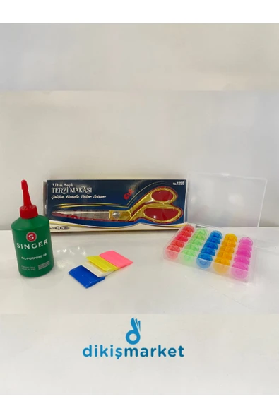 dm dikişmarket SİNGER DİKİŞ MAKİNALARI UYUMLU YAĞ,KUMAŞ TERZİ MAKASI,25 Lİ MASURA KUTULU , SABUN Çok Renkli ürün görseli 1