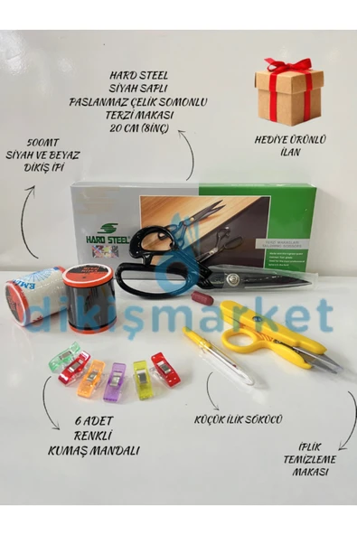 dm dikişmarket Paslanmaz Çelik terzi makası,Dikiş ipi,Çıt makas,İlik sökücü,Kumaş mandalı Ve SÜRPRİZ HEDİYE ÜRÜN Siyah ürün görseli 1