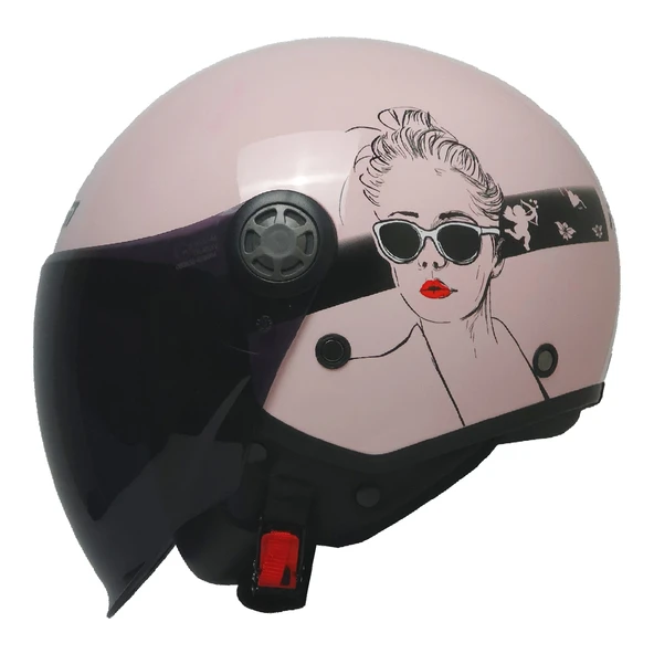 FR-612 BELLA YARIM KASK PEMBE-SİYAH-BEYAZ (SİYAH CAMLI+GÜNEŞ VİZÖRLÜ) ürün görseli 1