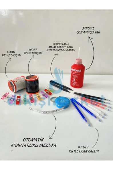 Janome DİKİŞ MAKİNA YAĞI,DİKİŞ MAKARA İPİ,OTOMATİK ANAHTARLIKLI MEZURA,KUMAŞ MANDALI,ISI İLE UÇAN KALEM Kırmızı ürün görseli 1