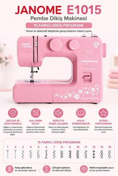 dm dikişmarket JANOME E1015 Ev Tipi Taşınabilir Dikiş Makinası PİNK E1015 PİNK ürün görseli 1