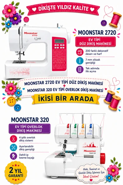 Moonstar 2720 EV TİPİ DÜZ DİKİŞ MAKİNESİ + 320 EV TİPİ OVERLOK DİKİŞ MAKİNESİ Beyaz ürün görseli 1