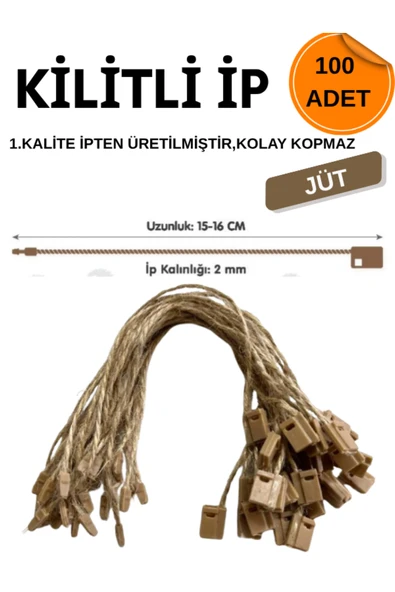 dm dikişmarket Kilitli Ip Renkli Asmalı Etiket Bağlama Ipi Lock String Tag Rope 100 Adet Jüt Hasır hasır-jut ürün görseli 1