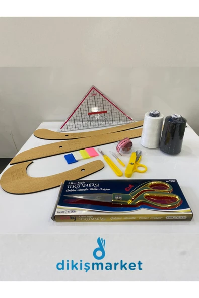 dm dikişmarket Dikişe Başlangıç Seti (dikiş ipi,geoderik cetvel,mezura,kumaş makası,çizgi sabunu) ÇOK RENKLİ ürün görseli 1