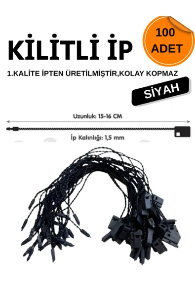 dm dikişmarket Kilitli Ip Renkli Asmalı Etiket Bağlama Ipi Lock String Tag Rope 100 Adet Siyah Siyah ürün görseli 1