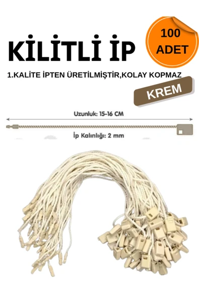 dm dikişmarket Kilitli Ip Renkli Asmalı Etiket Bağlama Ipi Lock String Tag Rope 100 Adet krem krem ürün görseli 1