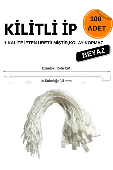 dm dikişmarket Kilitli Ip Renkli Asmalı Etiket Bağlama Ipi Lock String Tag Rope 100 Adet Beyaz Beyaz ürün görseli 1