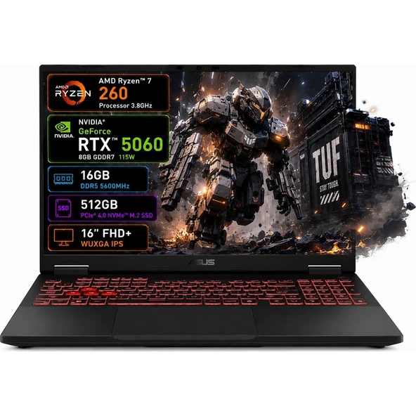 ASUS TUF Gaming A16 FA608UMI-TU166 Ryzen 7 260 16GB 512GB SSD 8GB RTX5060 16 WUXGA 144Hz FreeDOS ürün görseli 1