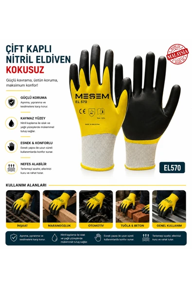 MESEM 6'lı Çift Kat Nitril İş Eldiveni Yağcı Eldiveni Kaydırmaz - Resim 2