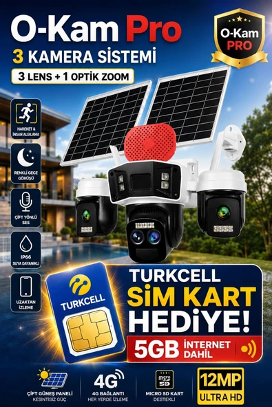 O-Kam 4075 12MP 10X Zoom 4 Lens 3 Ekran UltraHD 4G Solar Akıllı Güvenlik Kamerası Turkcell Sim Kart ürün görseli 1