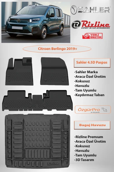 Sahler Citroen Berlingo 2019 ve Sonrası 4.5D Paspas Rizline Premıum Bagaj Havuzu Set ürün görseli 1