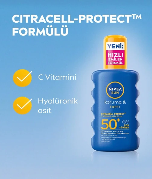 NIVEA SUN SPF 50+ Yüksek Güneş Koruyucu ve Nemlendirici Vücut Spreyi 200ml,Suya Dayanıklı,C Vitamini ürün görseli 1