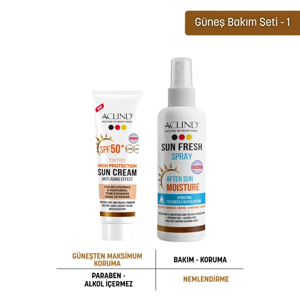 Aclind SPF 50+ Renkli Güneş Kremi 50 ml + Güneş Sonrası Ferahlatıcı Sprey 100 ml Seti ürün görseli 1