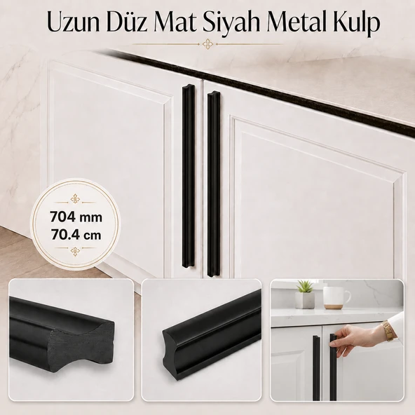 Özen 704 mm 70.4 cm Düz Mat Siyah Mobilya Kulp Uzun Çekmece Dolap Kapak Kulpu Modern Metal Tasarım ürün görseli 1