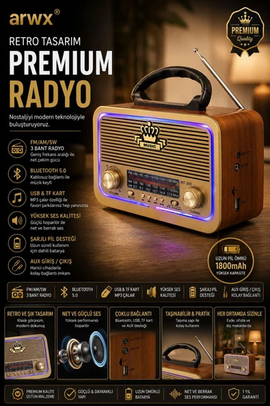 ARWX Nostaljik Görünümlü Bluetoothlu Mp3 Çalar Radyo Müzik Kutusu Kırmızı Rt301 ürün görseli 1