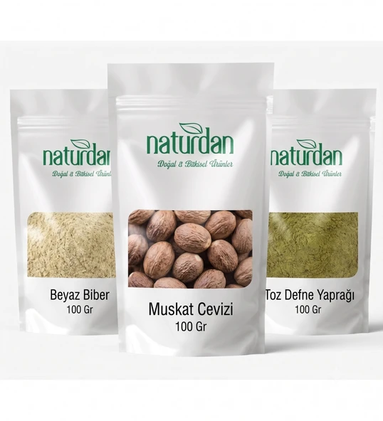 Saf(1.Kalite) Beyaz Biber - Muskat Cevizi - Toz Defne Yaprağı (3x 100 Gr) Set ürün görseli 1