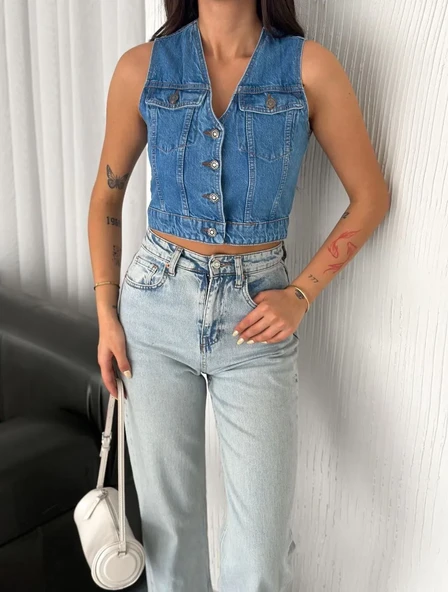 Kot Jeans Kadın Yelek - Mavi - Resim 2