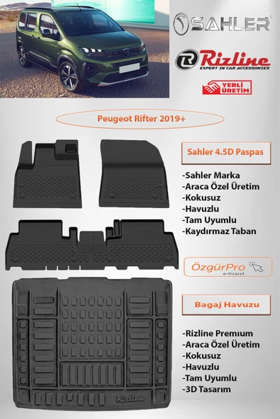 Sahler Peugeot Rifter 2019 ve Sonrası 4.5D Paspas Rizline Premıum Bagaj Havuzu Set ürün görseli 1