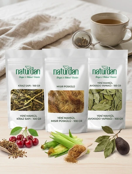 Saf(1.Kalite) Yeni Mahsül Kiraz Sapı - Mısır Püskülü - Avokado Yaprağı (3x 100 Gr) Set ürün görseli 1