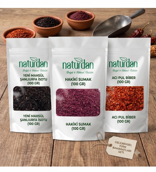 Saf(1.Kalite) Şanlıurfa İsotu - Hakiki Sumak - Acı Pul Biber (3x 100 Gr) Set ürün görseli 1