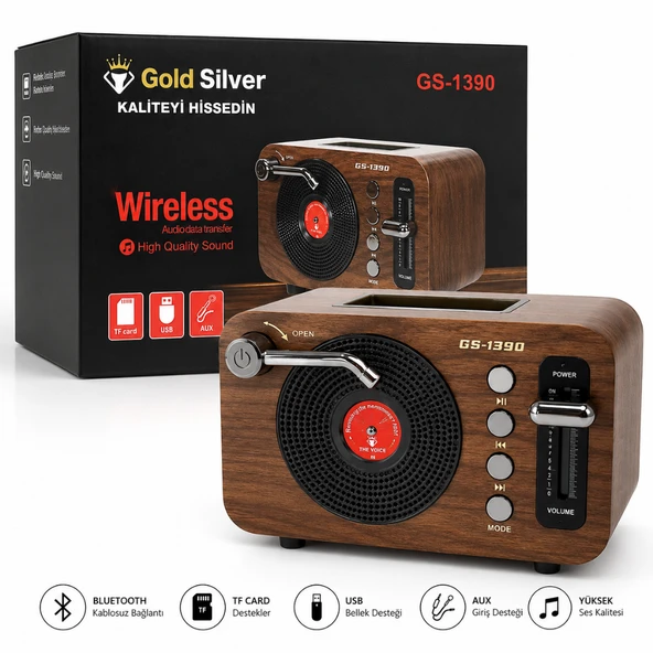 GS-1390 Retro Bluetooth Hoparlör ve FM Radyo | USB Bellek, TF Kart, AUX Girişli Ahşap Tasarım ürün görseli 1