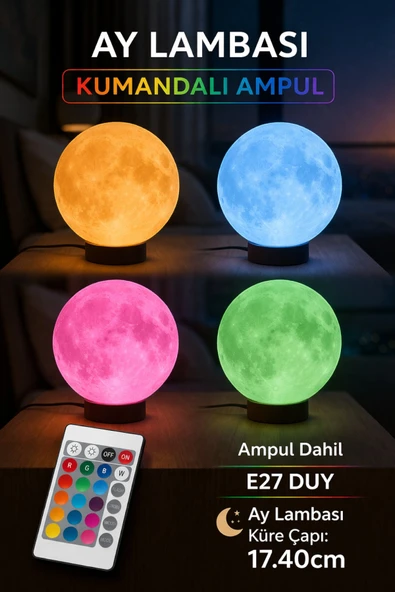 Ay Lambası Kumandalı RGB Renk Değiştiren Gece Lambası 17.4 cm E27 Ampul Dahil ürün görseli 1