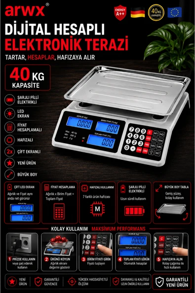 ARWX Elektronik Dijital Bakkal Manav Market Pazarcı Ve Kasap Terazisi 40 Kg Kapasiteli ürün görseli 1