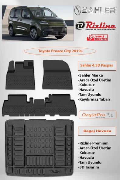Sahler Toyota Proace City 2019 ve Sonrası 4.5D Paspas Rizline Premıum Bagaj Havuzu Set ürün görseli 1
