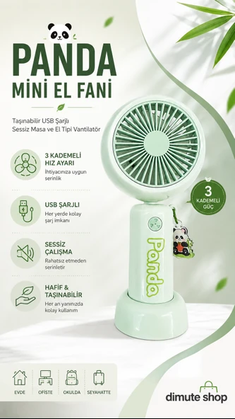 Panda Mini El Fanı Taşınabilir USB Şarjlı Sessiz Masa ve El Tipi Vantilatör ürün görseli 1