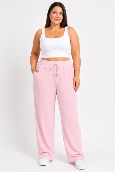 Kadın Battal Beden Bürümcük Kumaş Beli Lastikli Bağcıklı Bol Paça Palazzo Pantolon - Pembe ürün görseli 1