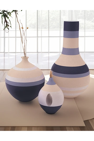TuransoyCraft Linha Modern Çizgili Vazo Büyük Boy 25 CM Dekoratif Sert Plastik Çizgili Vazo 3'lü Set ürün görseli 1