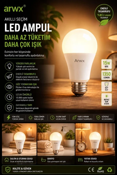 ARWX LED AMPUL %80 ENERJİ TASARRUF 6500K 900LM E27 7 ADET ürün görseli 1