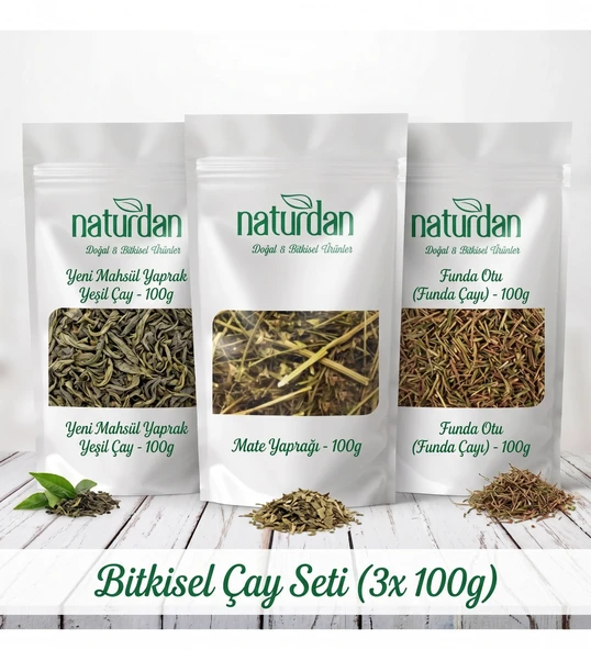 Saf(1.Kalite) Yeni Mahsül Yaprak Yeşil Çay - Mate Yaprağı - Funda Otu (3x 100 Gr) Set ürün görseli 1