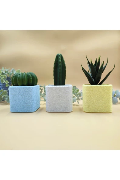 TuransoyCraft Floral Desenli Kübik 3lü Saksı Seti ( HER BİRİ 13 CM) ürün görseli 1
