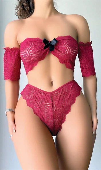 Arias Closet Fiyonk Detaylı Kırmızı Dantel Sütyen Külot Takım ürün görseli 1