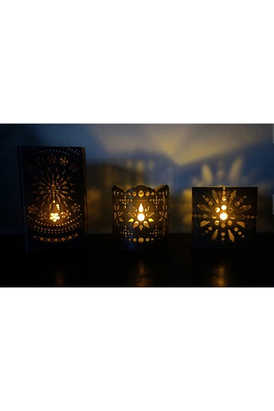 TuransoyCraft Etnik Desenli 3'lü Tealight Mumluk Set ürün görseli 1